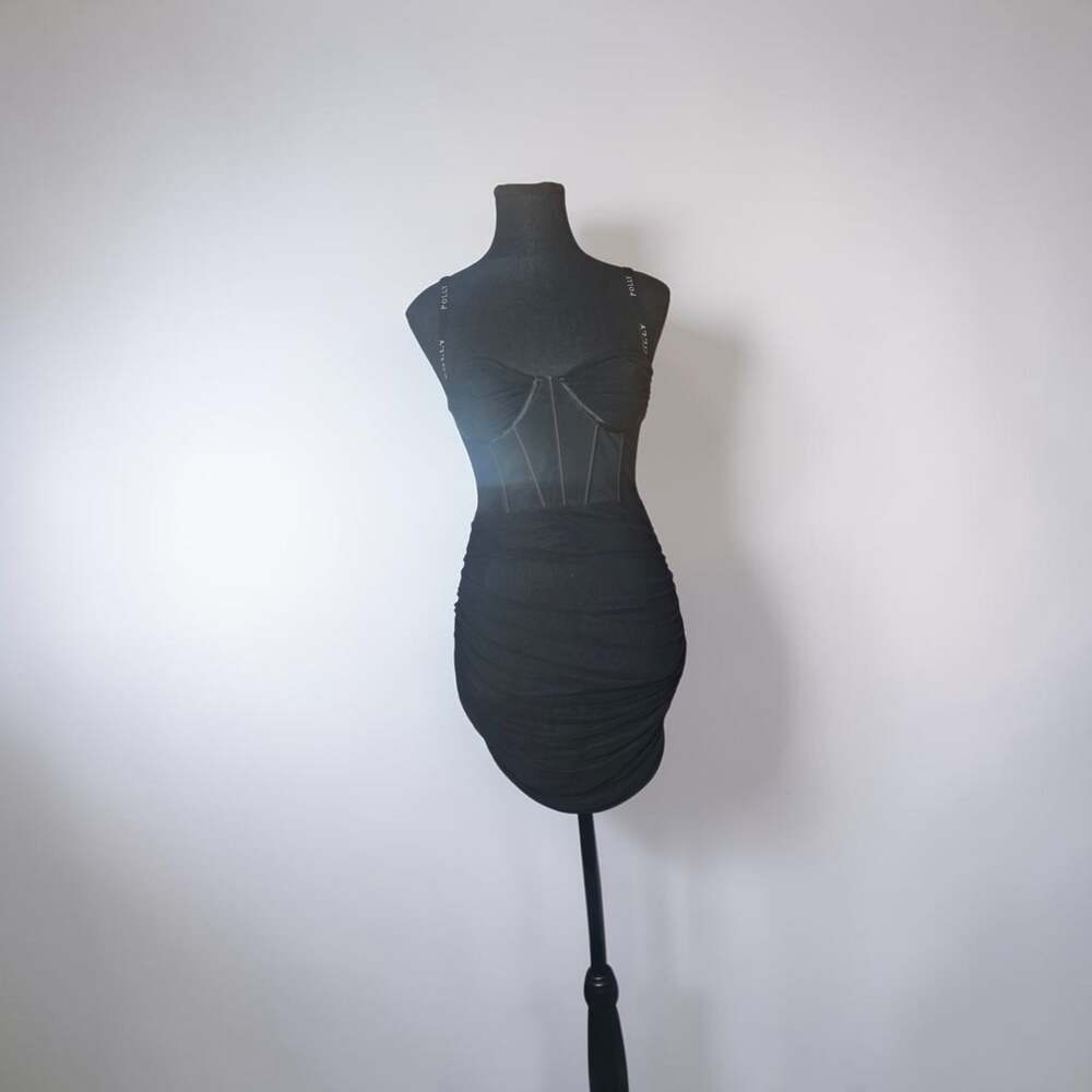 Oh Polly Black Ruched Corset Mini Dress with Logo Straps - Picture 2 of 5